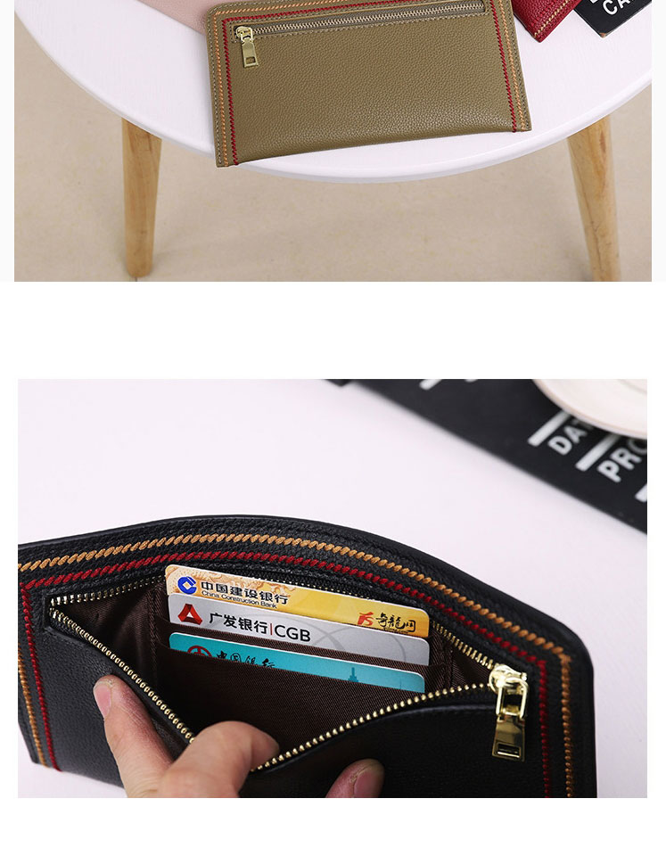 Fashion Black Long Zipper Wallet With Leather Edges And Embroidery Thread,Wallet
