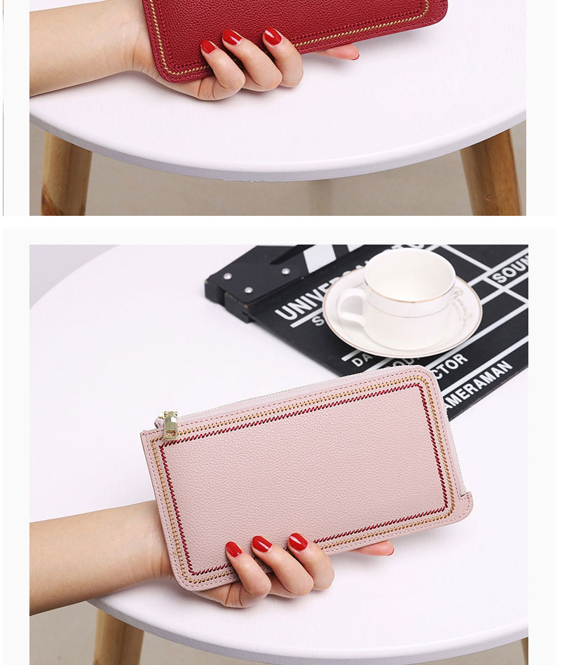 Fashion Pink Long Zipper Wallet With Leather Edges And Embroidery Thread,Wallet