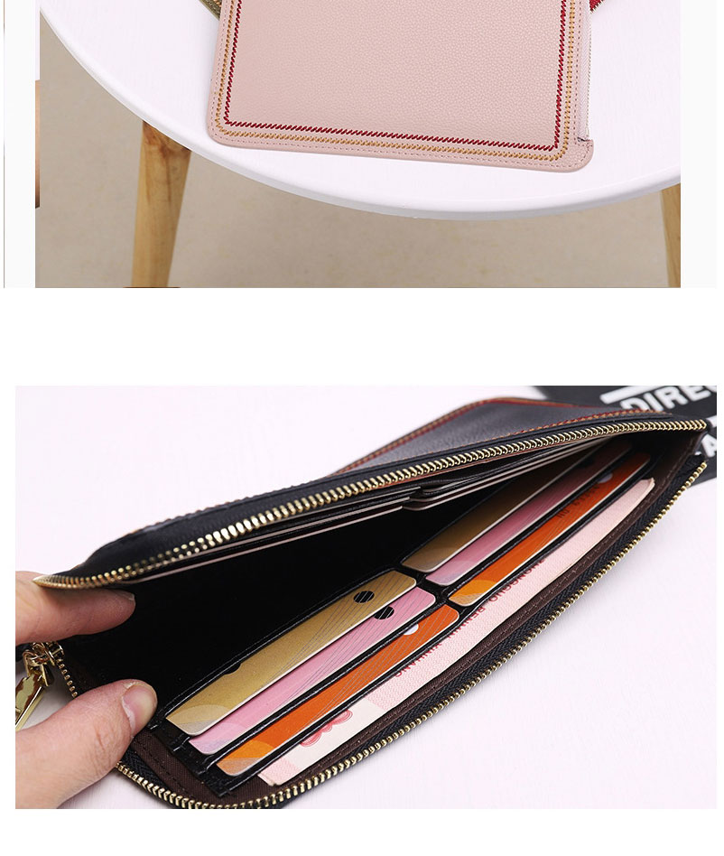 Fashion Pink Long Zipper Wallet With Leather Edges And Embroidery Thread,Wallet