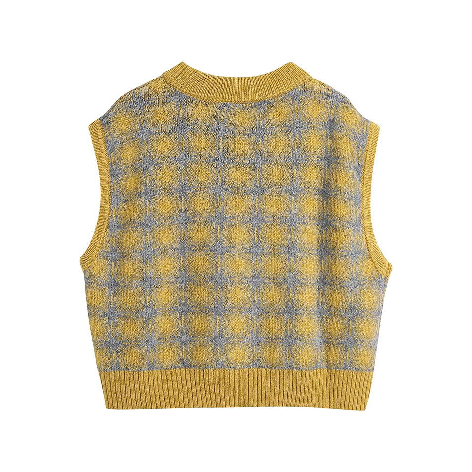 Fashion Yellow Checked Knit Sleeveless Tank Top,Tank Tops & Camis