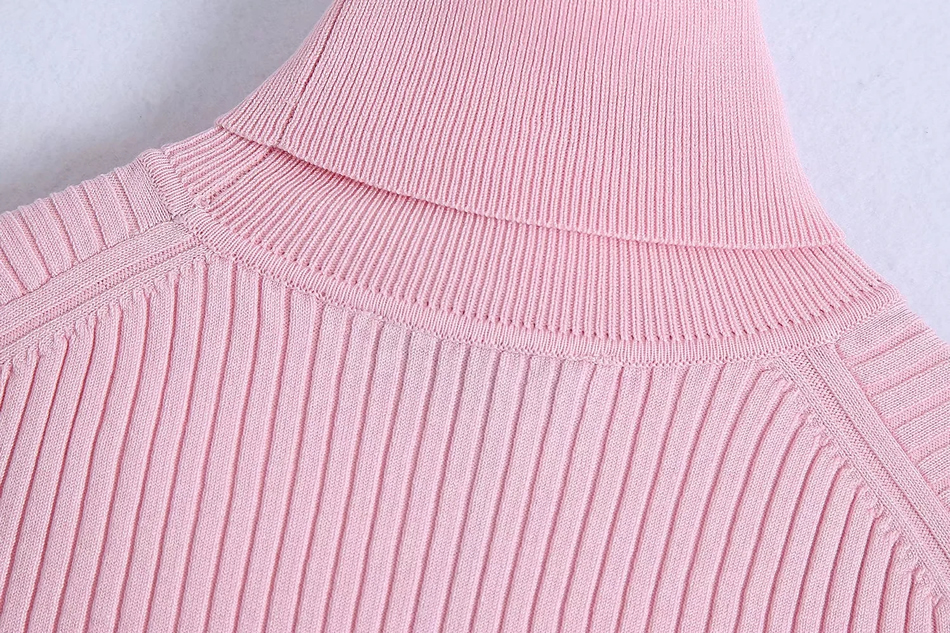 Fashion Pink Ribbed Turtleneck Sweater,Coat-Jacket
