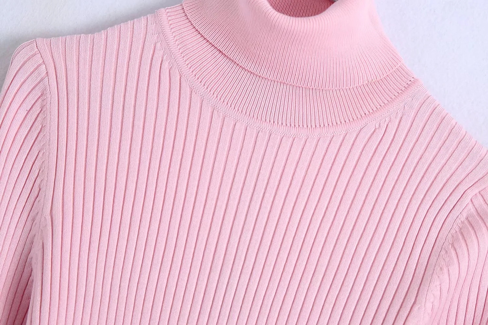 Fashion Pink Ribbed Turtleneck Sweater,Coat-Jacket
