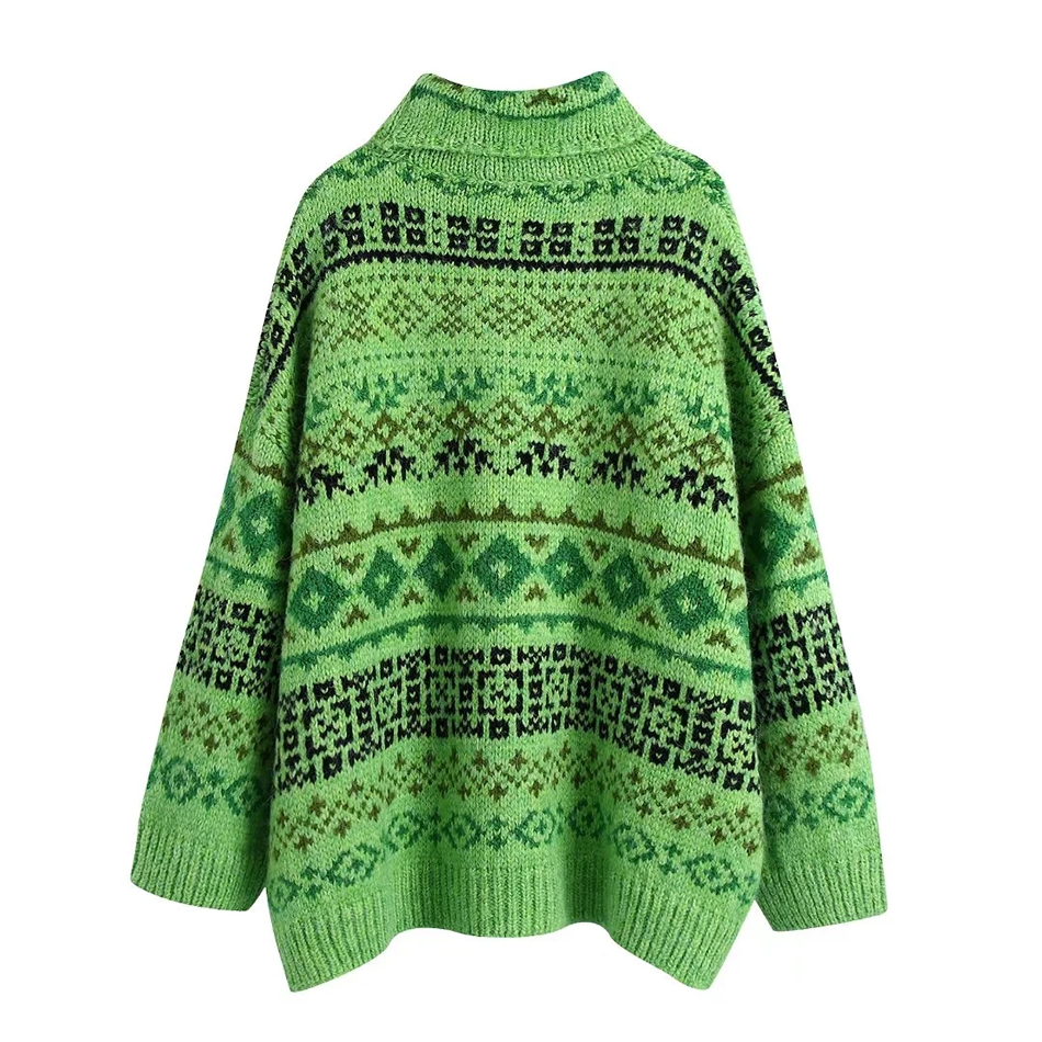 Fashion Green Geometric Jacquard Turtleneck Sweater,Coat-Jacket