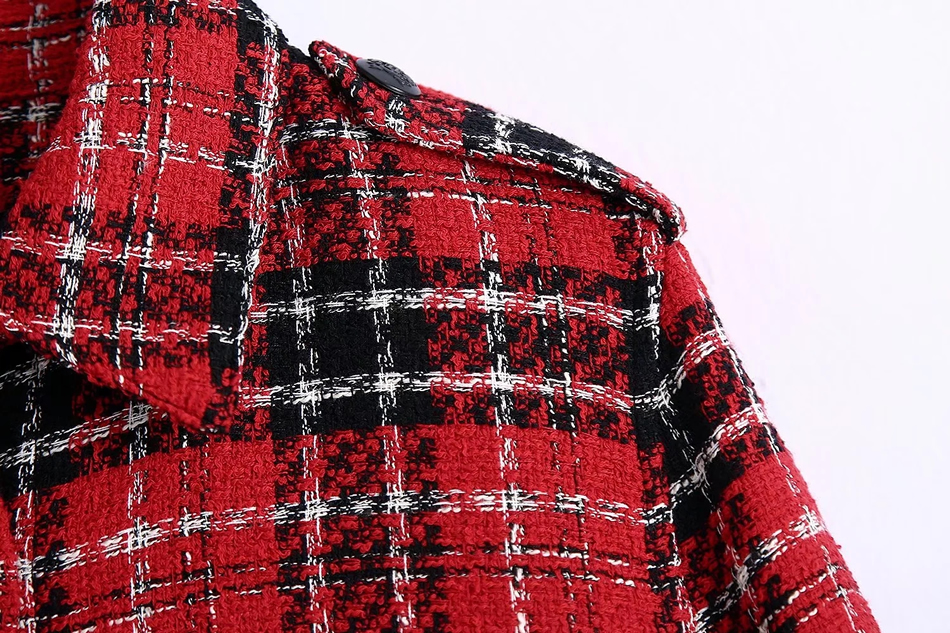 Fashion Red Check Lapel Button-down Shirt Jacket,Coat-Jacket