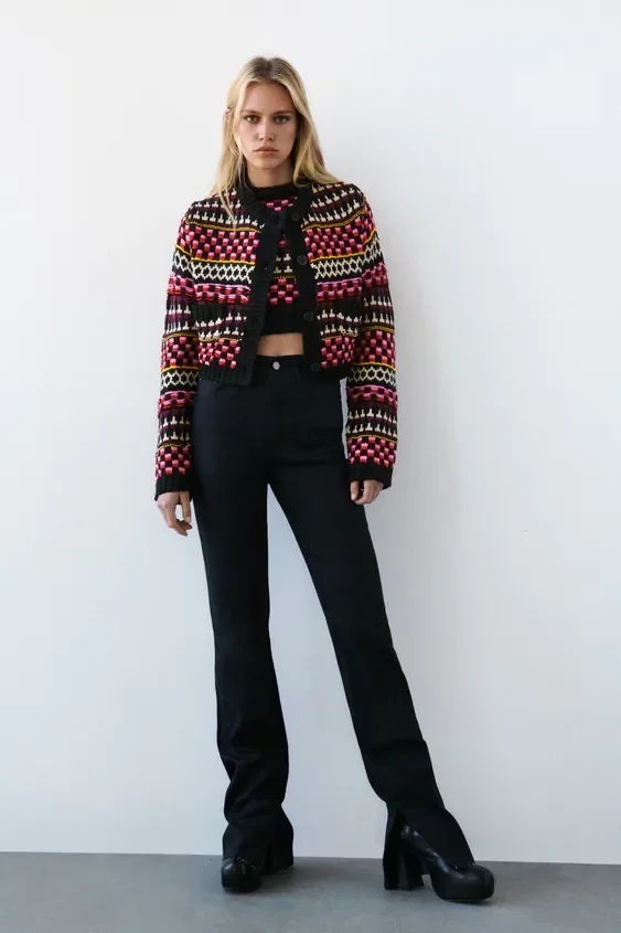 Fashion Color Jacquard Knitted Jacket,Coat-Jacket
