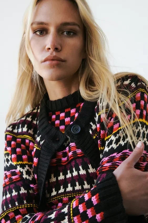 Fashion Color Jacquard Knitted Jacket,Coat-Jacket