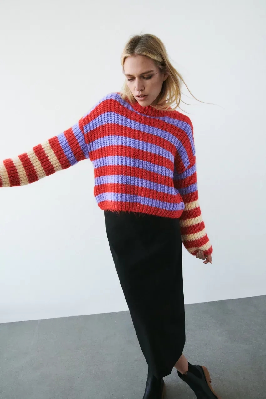 Fashion Color Contrast Striped Sweater,Coat-Jacket