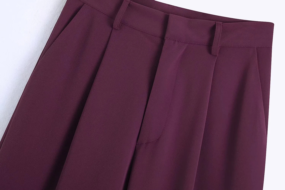 Fashion Dark Purple Straight-leg Micro-pleated Trousers,Pants