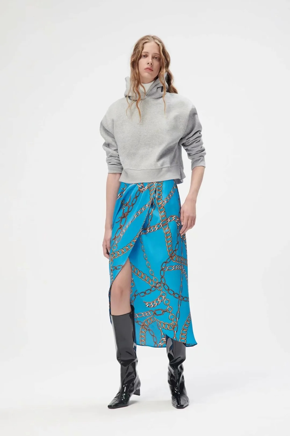 Fashion Blue Chain Print Sarong Skirt,Skirts