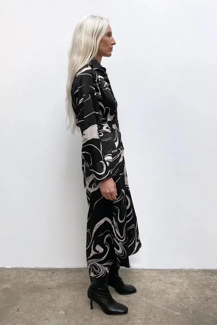 Fashion Black Printed Lace-up Shirt Dress,Long Dress