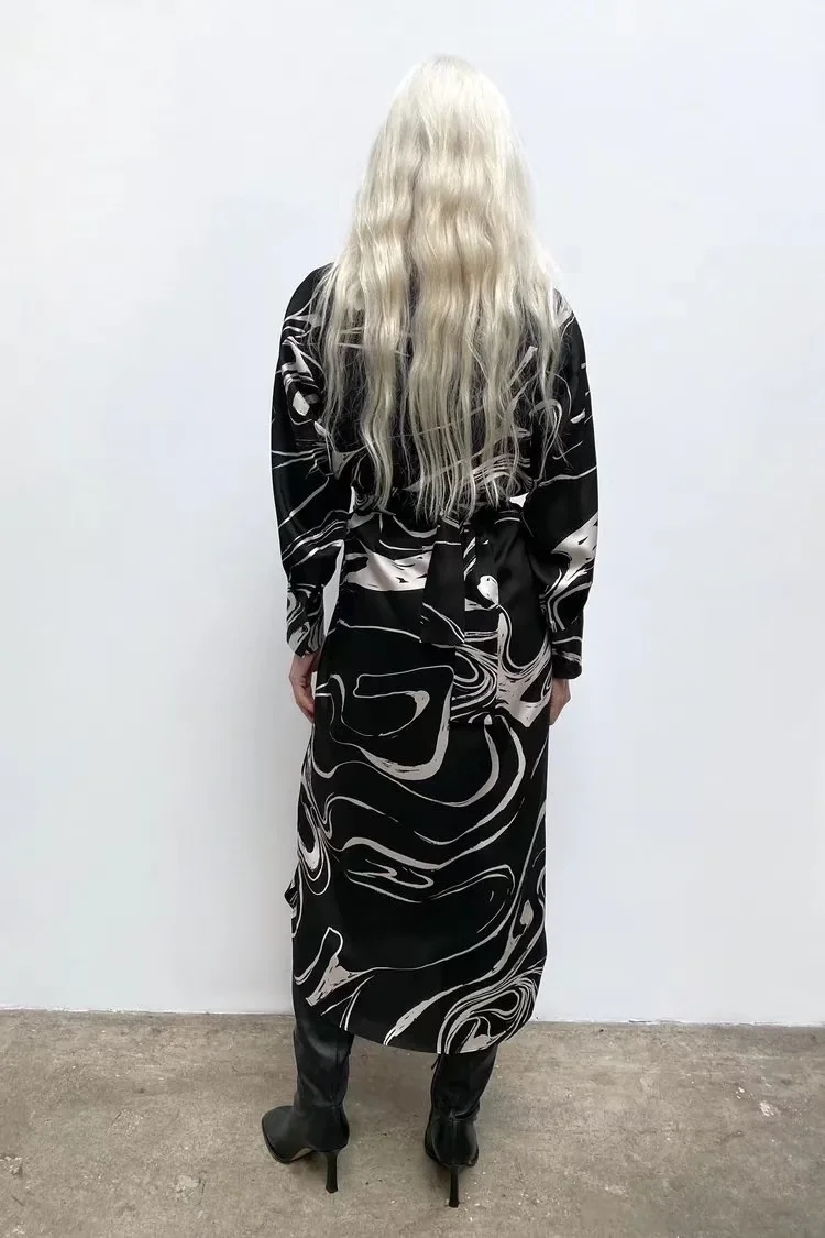 Fashion Black Printed Lace-up Shirt Dress,Long Dress