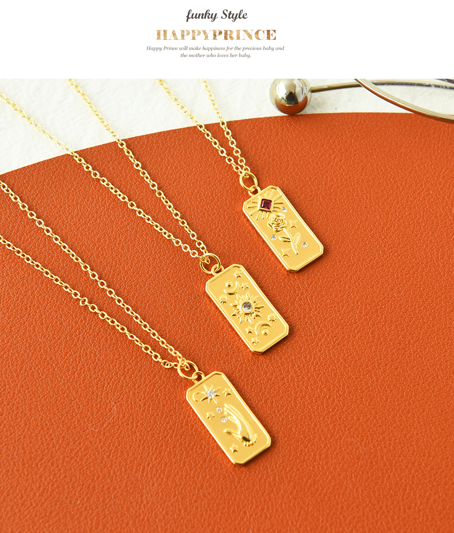 Fashion Golden-2 Copper Inlaid Zirconium Square Crescent Sun Necklace,Necklaces