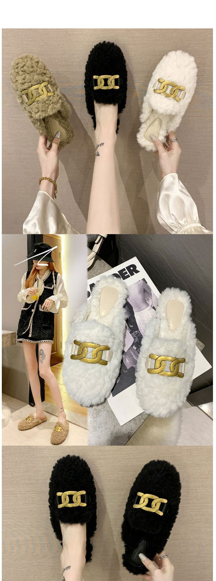 Fashion Off White Plush Toe Cap Cotton Slippers,Slippers