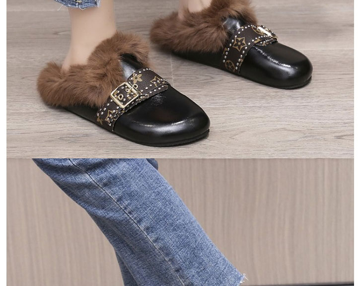 Fashion Dark Brown Slippers With Long Hair Round Head Belt Buckle,Slippers