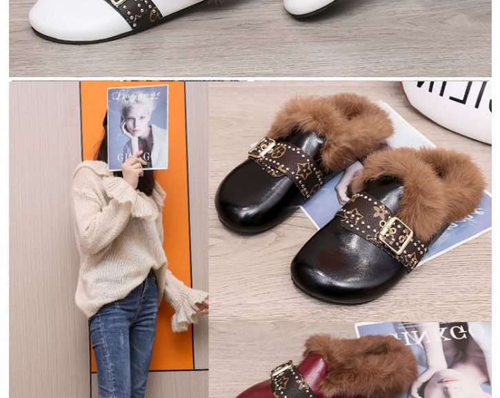 Fashion Dark Brown Slippers With Long Hair Round Head Belt Buckle,Slippers
