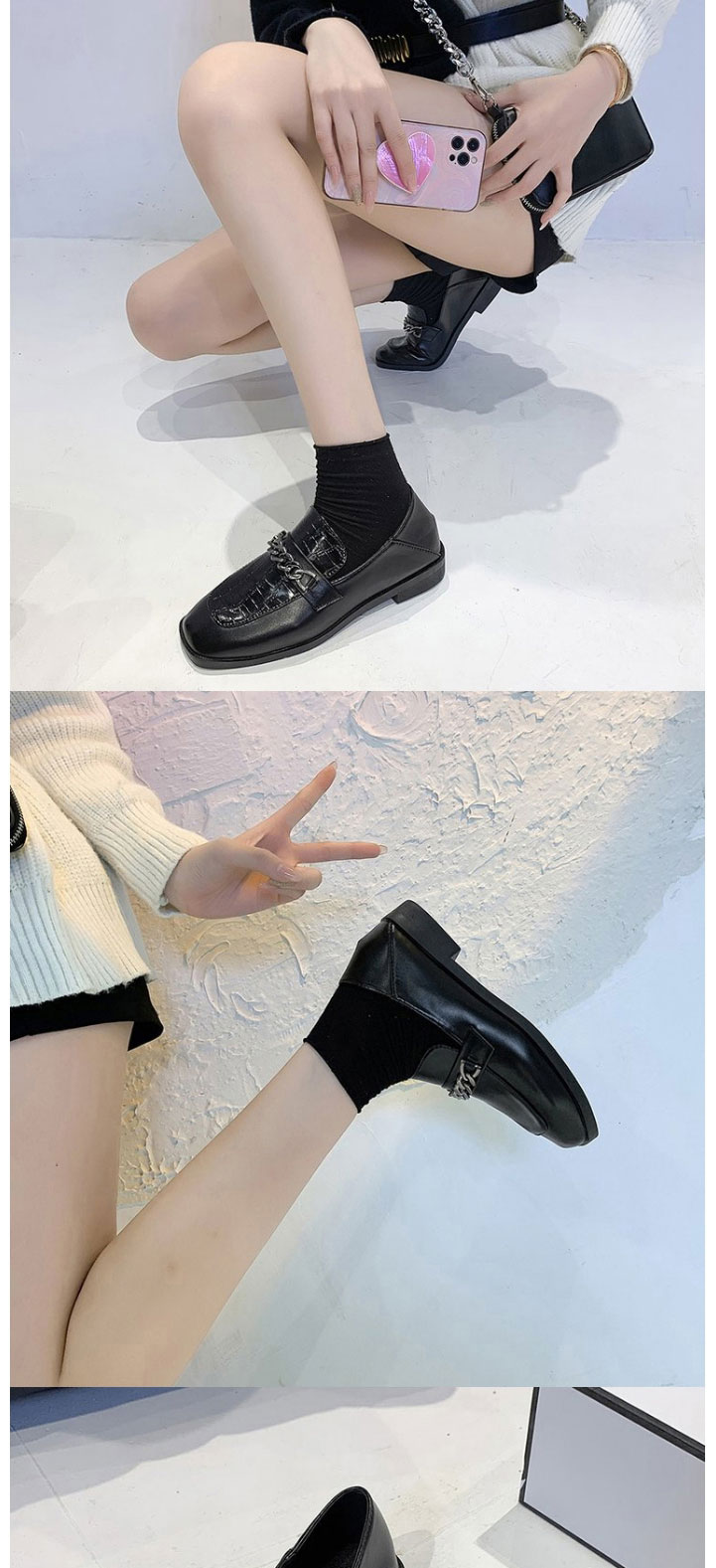 Fashion Black Pu Geometric Texture Chain Shoes,Slippers