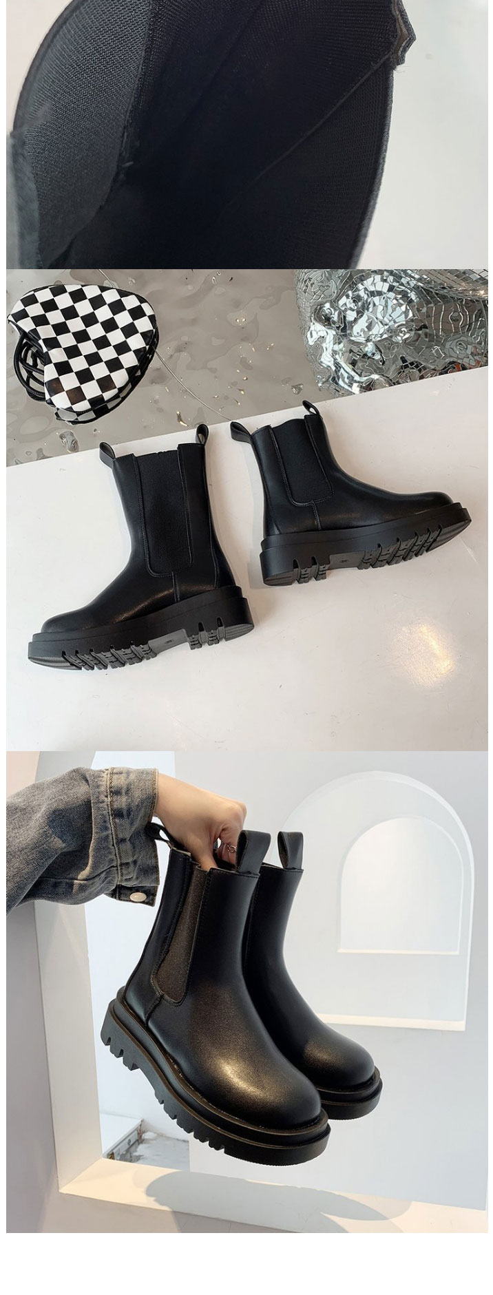 Fashion Black Tall Tube Chelsea Chunky Heel Mid Boots,Slippers