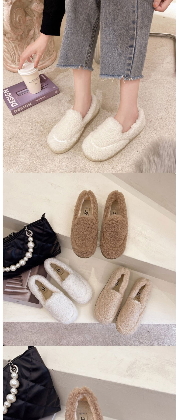 Fashion Off White Plush Round-toe Flat-bottomed Cotton Shoes,Slippers