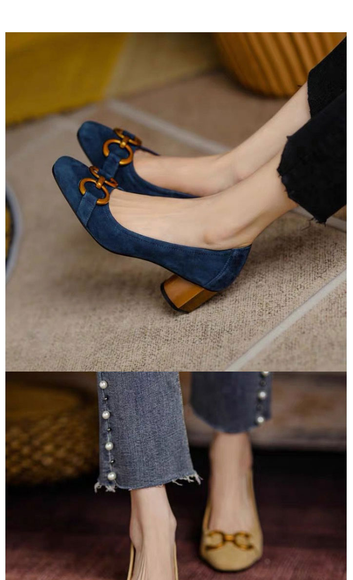 Fashion Apricot Square Toe Mid-heel Metal Buckle Shoes,Slippers