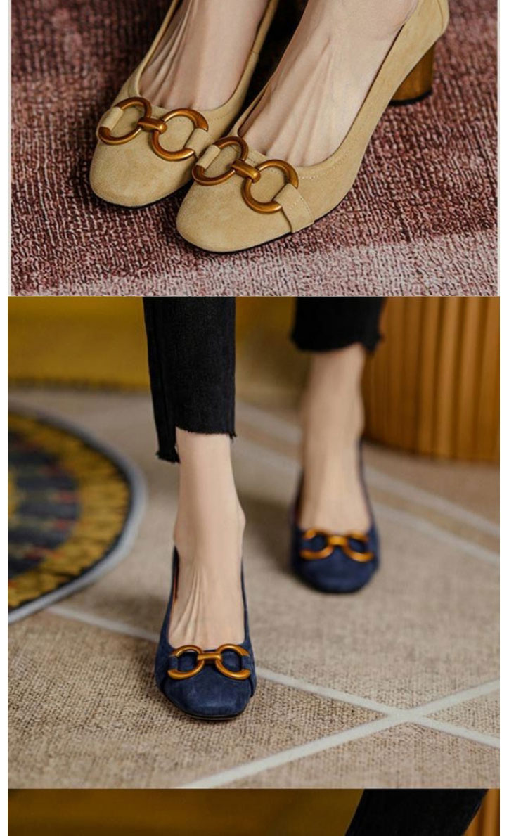 Fashion Apricot Square Toe Mid-heel Metal Buckle Shoes,Slippers
