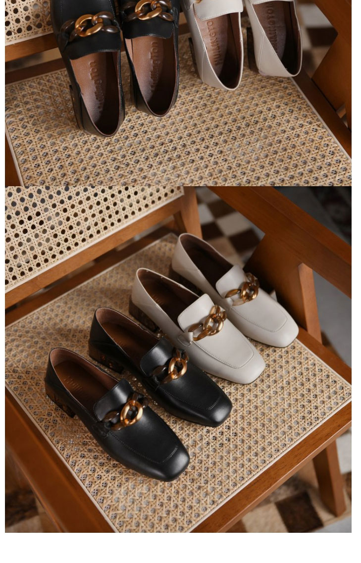 Fashion Beige Square Toe Low-heeled Shoes With Metal Buckle,Slippers
