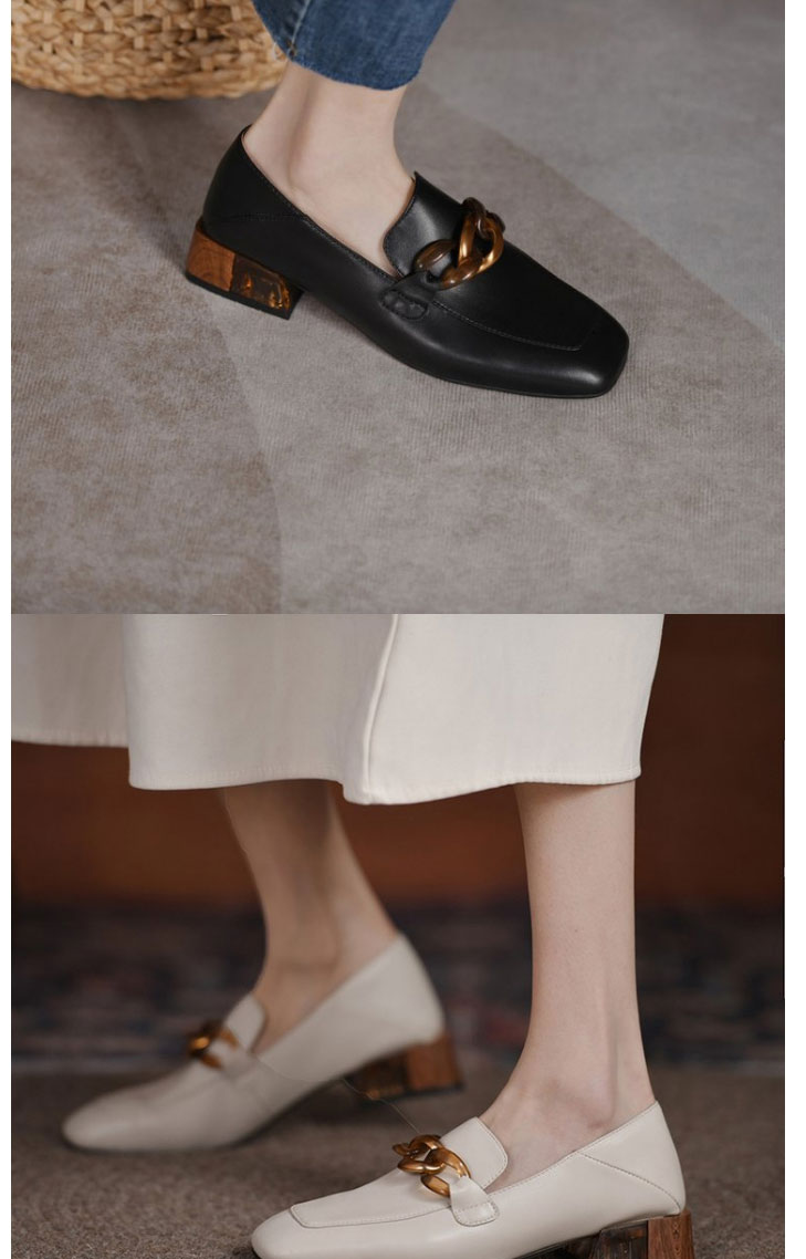 Fashion Beige Square Toe Low-heeled Shoes With Metal Buckle,Slippers