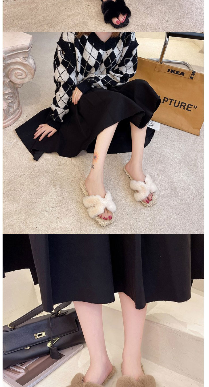 Fashion Off-white Plush Open-toed Slippers,Slippers