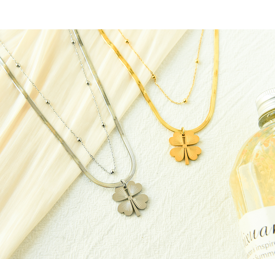 Fashion Gold Stainless Steel Snake Bone Chain Flower Double Necklace,Necklaces