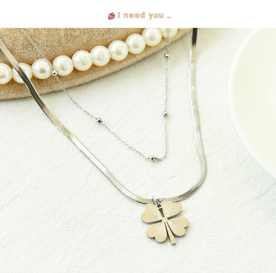 Fashion Silver Stainless Steel Snake Bone Chain Flower Double Necklace,Necklaces