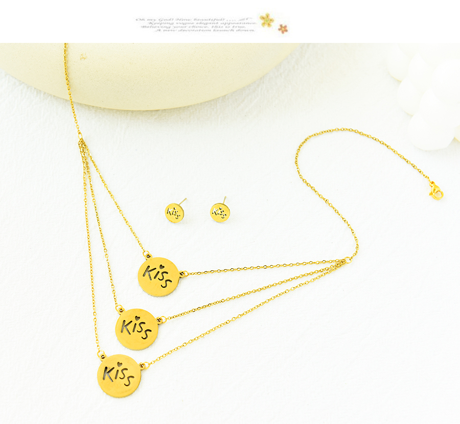 Fashion Gold Stainless Steel Letter Kiss Stud Earrings Necklace Set,Jewelry Set