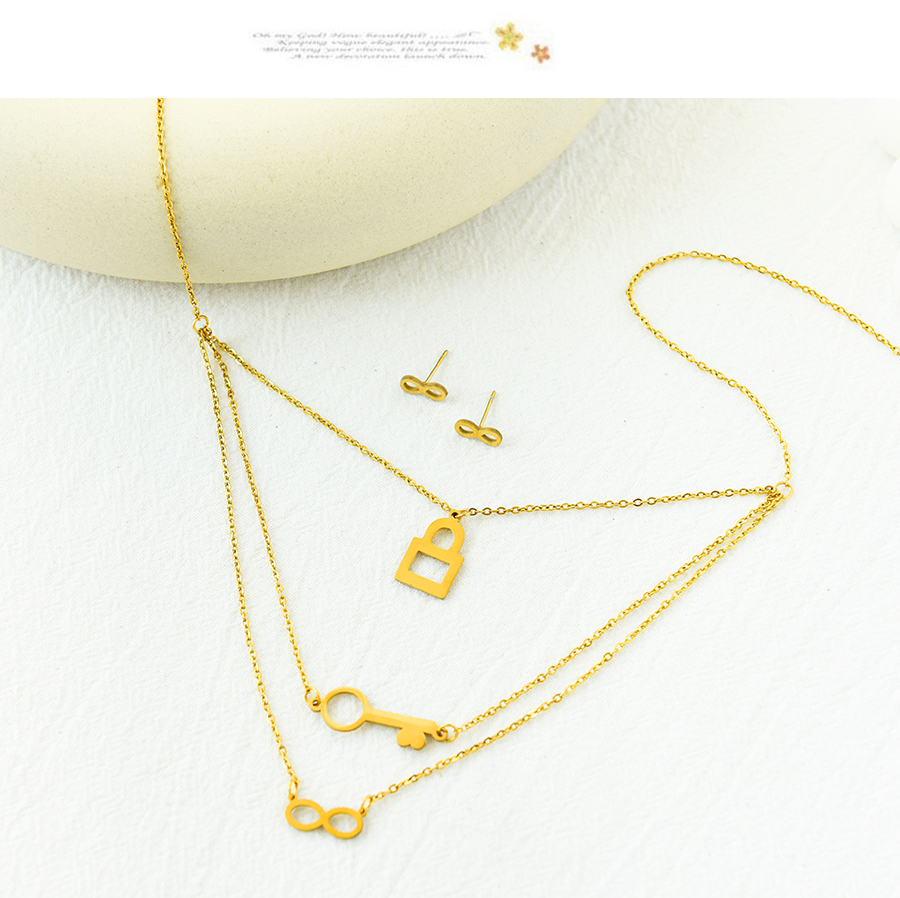 Fashion Gold Stainless Steel Key Lock Earring Necklace Set,Jewelry Set