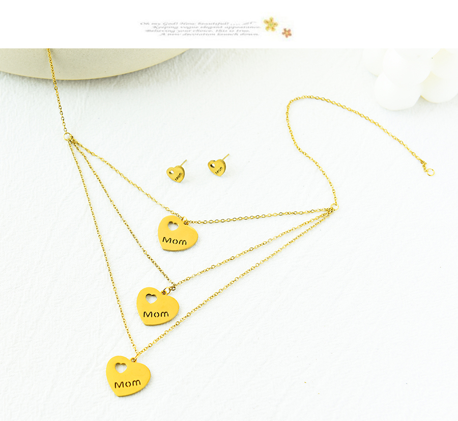 Fashion Gold Stainless Steel Love Mom Stud Earrings Necklace Set,Jewelry Set