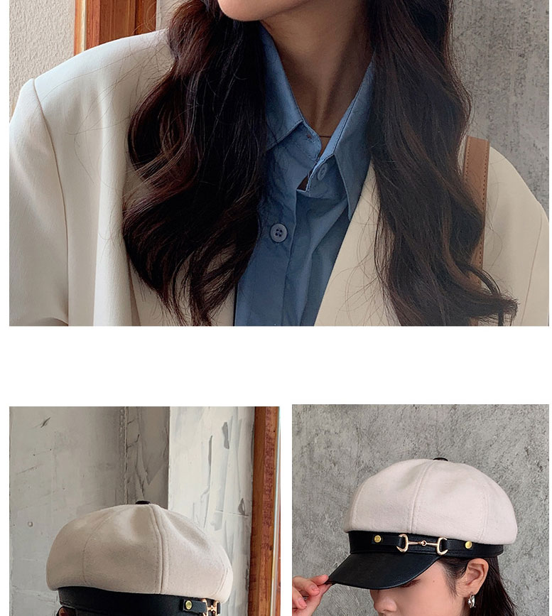 Fashion Brown Leather Buckle Octagonal Hat Leather Buckle Octagonal Beret,Beanies&Others