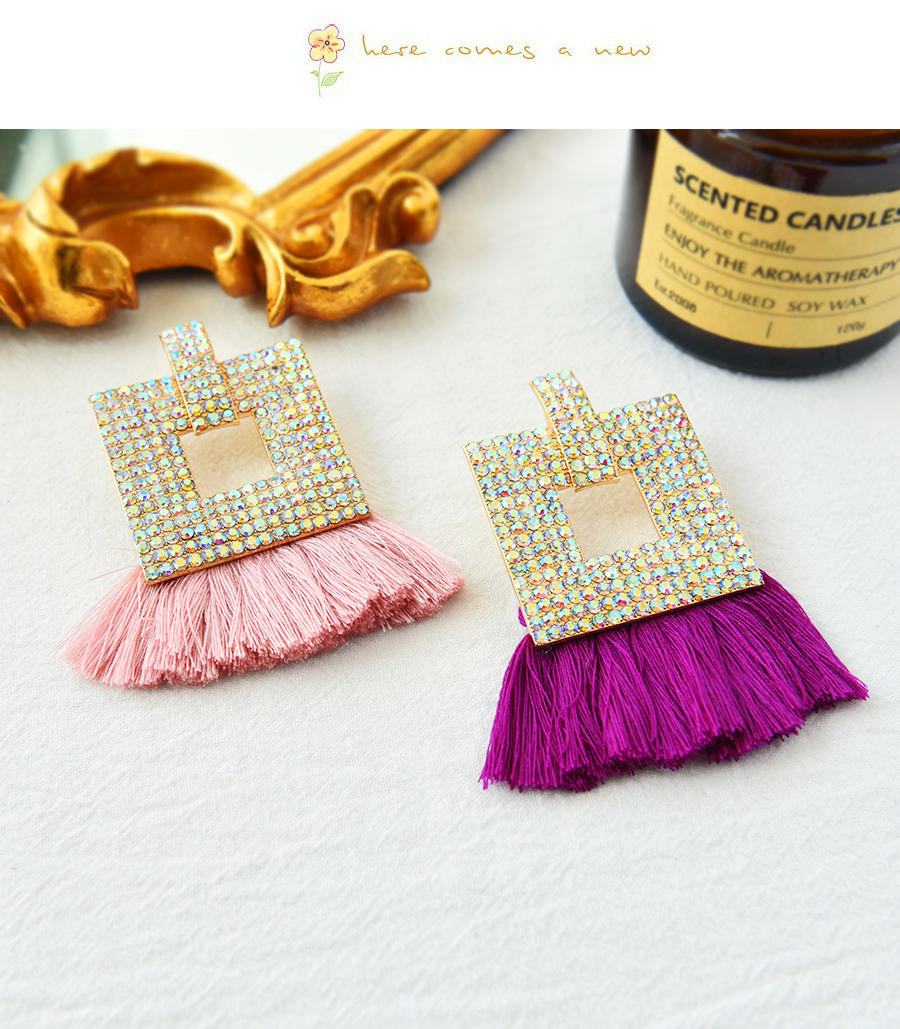Fashion Leather Pink Alloy Diamond Square Tassel Stud Earrings,Stud Earrings
