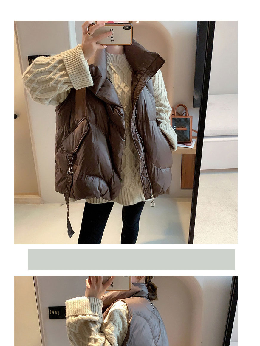 Fashion Brown Stand-up Collar Zipper Sleeveless Down Vest,Coat-Jacket