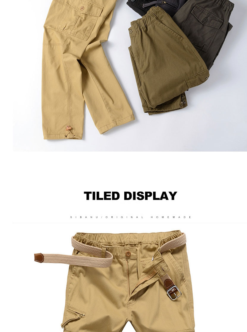 Fashion Army Yellow Cotton Multi-pocket Straight-leg Overalls,Pants