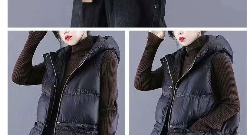 Fashion Black Hooded Zipper Sleeveless Down Vest,Coat-Jacket