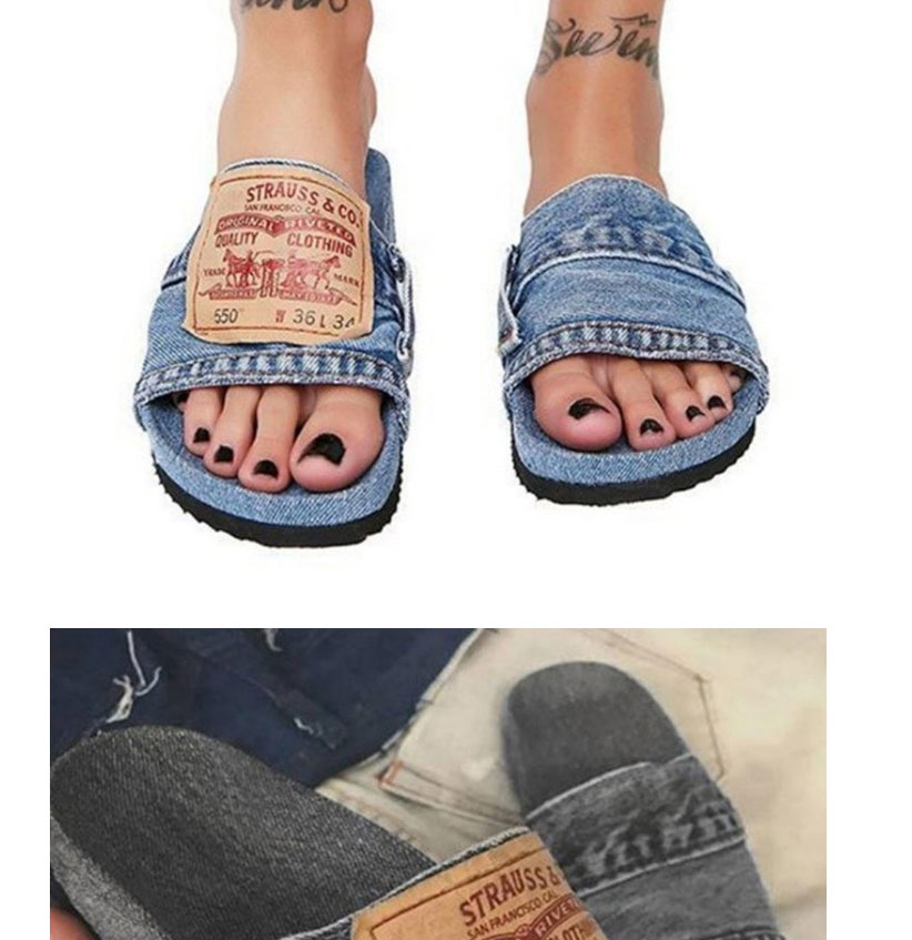 Fashion Black Denim Letter Patch Slippers,Slippers
