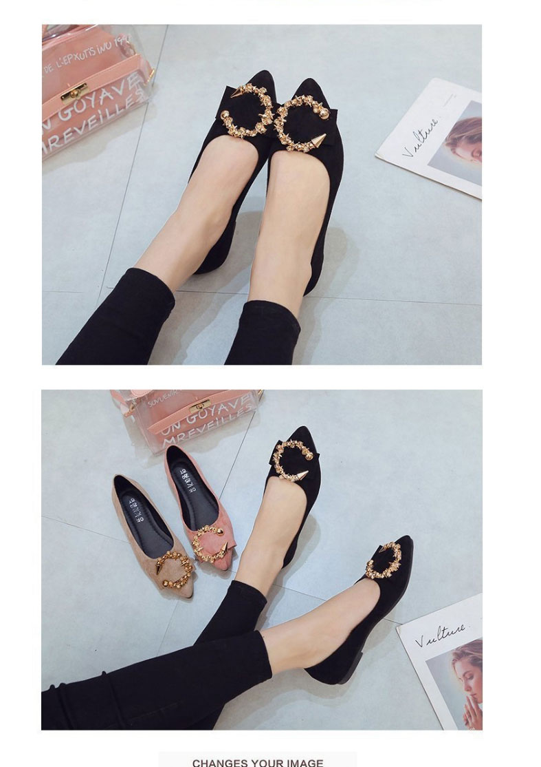 Fashion Apricot Flat Pointed Toe Round Buckle Shoes,Slippers