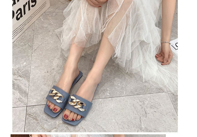 Fashion Sky Blue Pu Chain Embellished Open-toed Slippers,Slippers