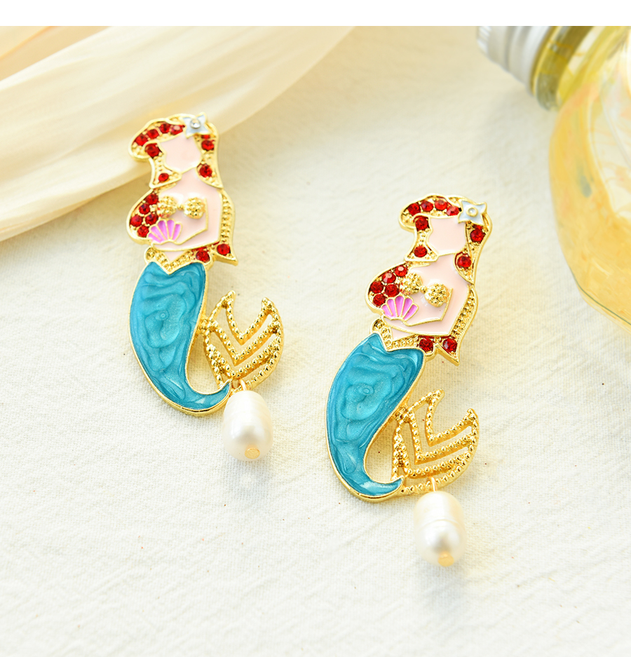 Fashion Color Alloy Diamond Drop Oil Pearl Mermaid Stud Earrings,Stud Earrings