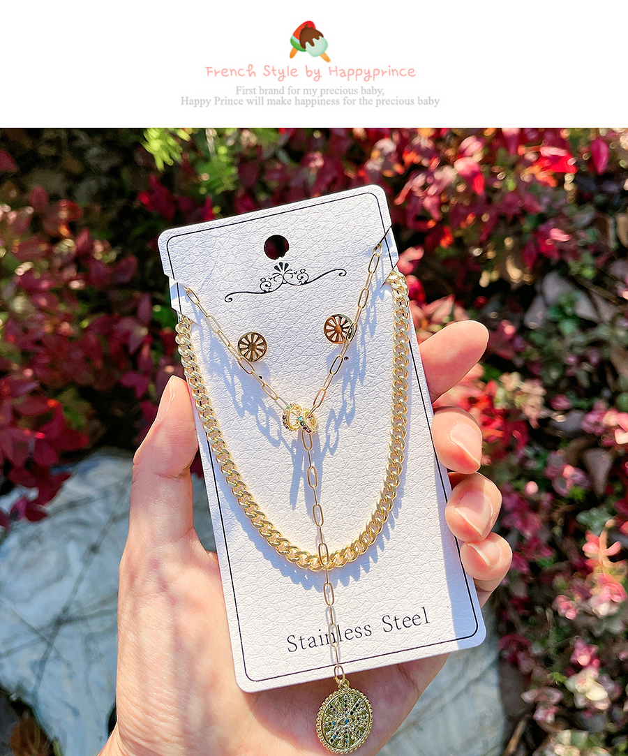 Fashion Gold Titanium Steel Inlaid Zirconium Double Round Necklace And Earrings Set,Jewelry Set
