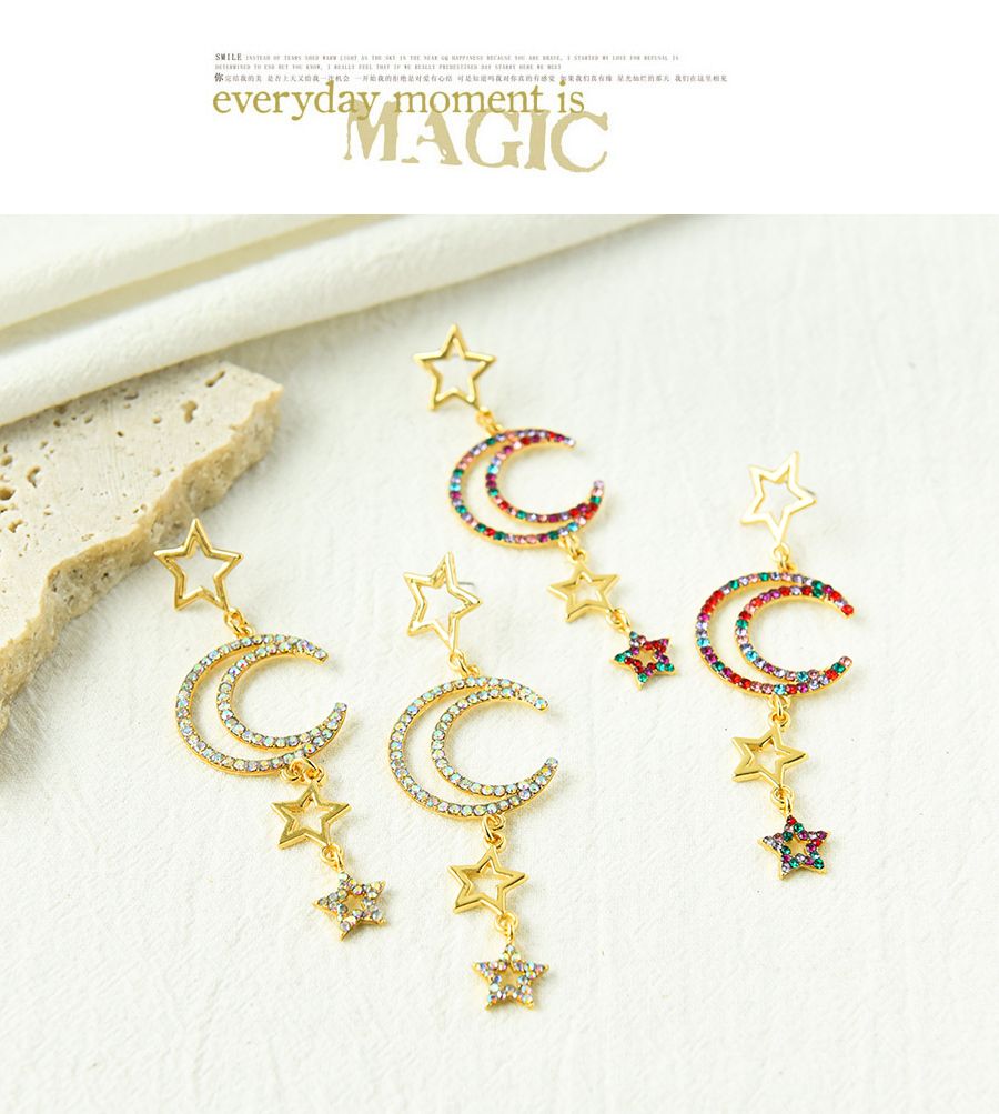 Fashion Color Alloy Diamond Hollow Five-pointed Star Moon Earrings,Drop Earrings
