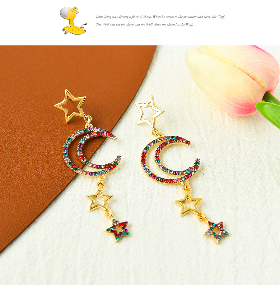 Fashion Color Alloy Diamond Hollow Five-pointed Star Moon Earrings,Drop Earrings