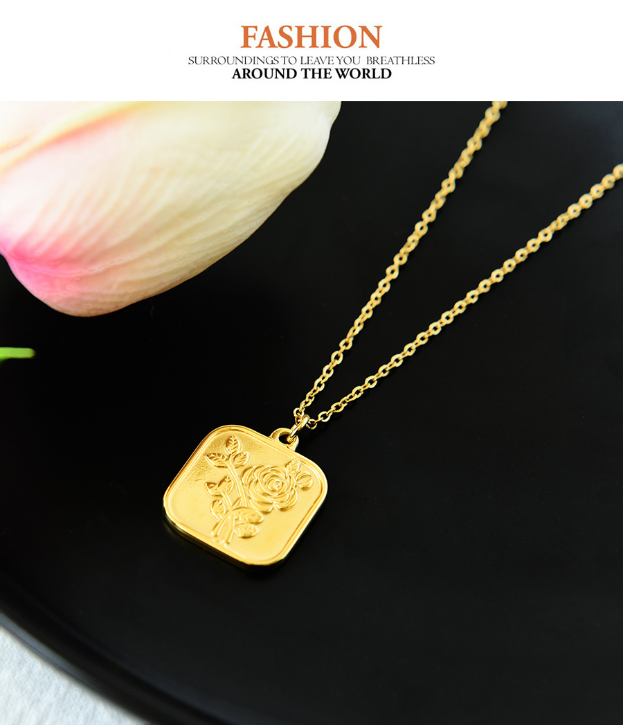 Fashion Gold Titanium Steel Square Flower Necklace,Necklaces