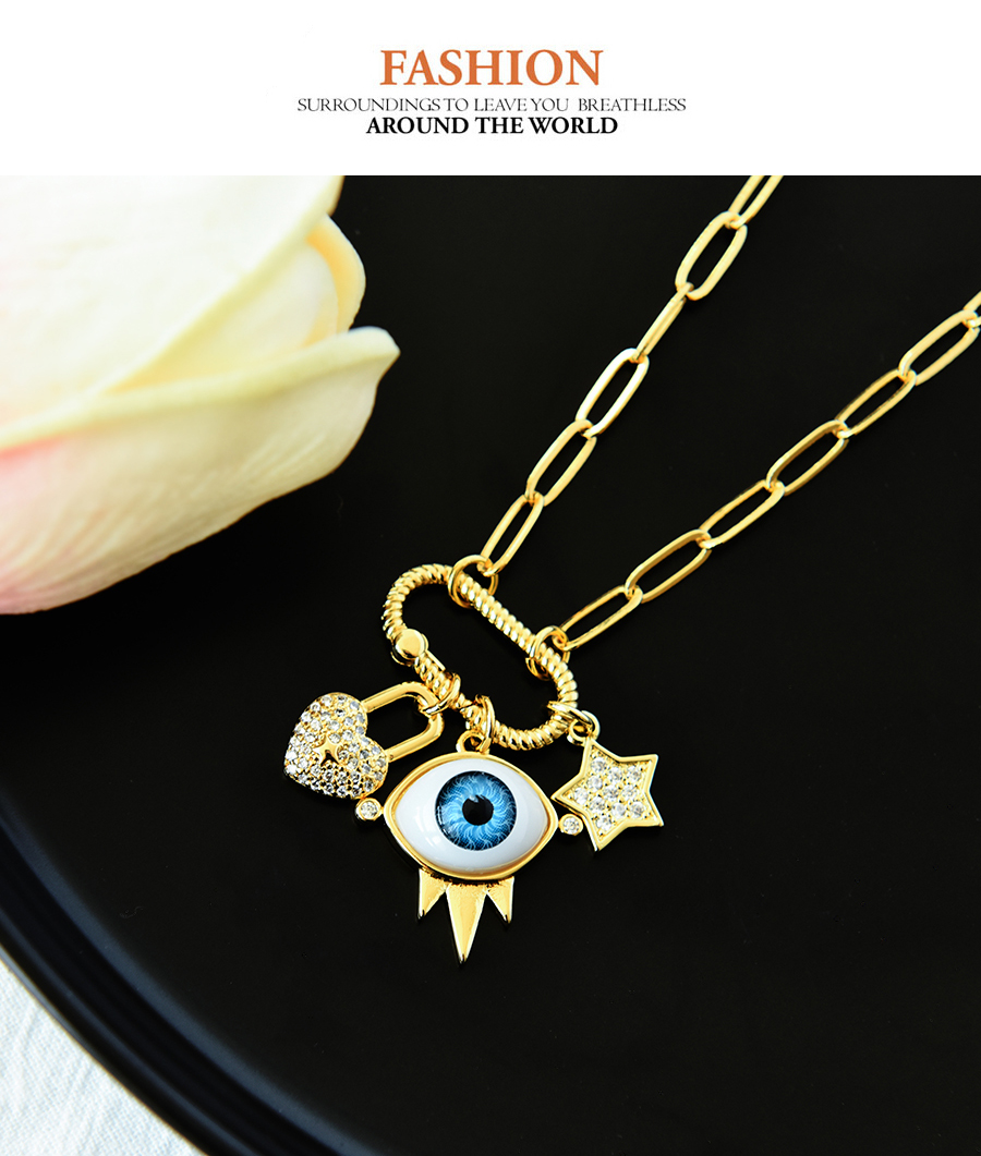 Fashion Blue Copper Titanium Steel Inlaid Zirconium Eyes Love Necklace,Necklaces