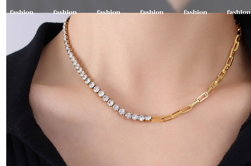 Fashion Steel Color Stainless Steel Inlaid Zirconium Stitching Necklace,Necklaces
