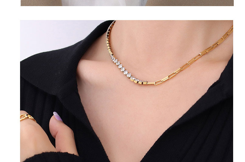 Fashion Gold Stainless Steel Inlaid Zirconium Stitching Necklace,Necklaces