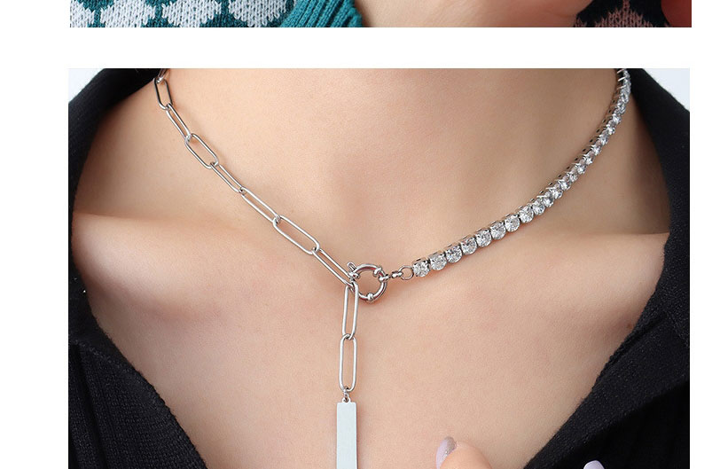 Fashion Steel Color Stainless Steel Inlaid Zirconium Tassel Long Necklace,Necklaces