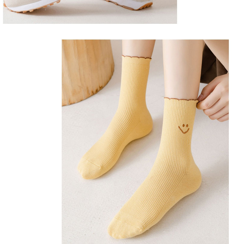 Fashion Yellow Vertical Stripes Smiley Face Embroidery Cartoon Socks,Fashion Socks